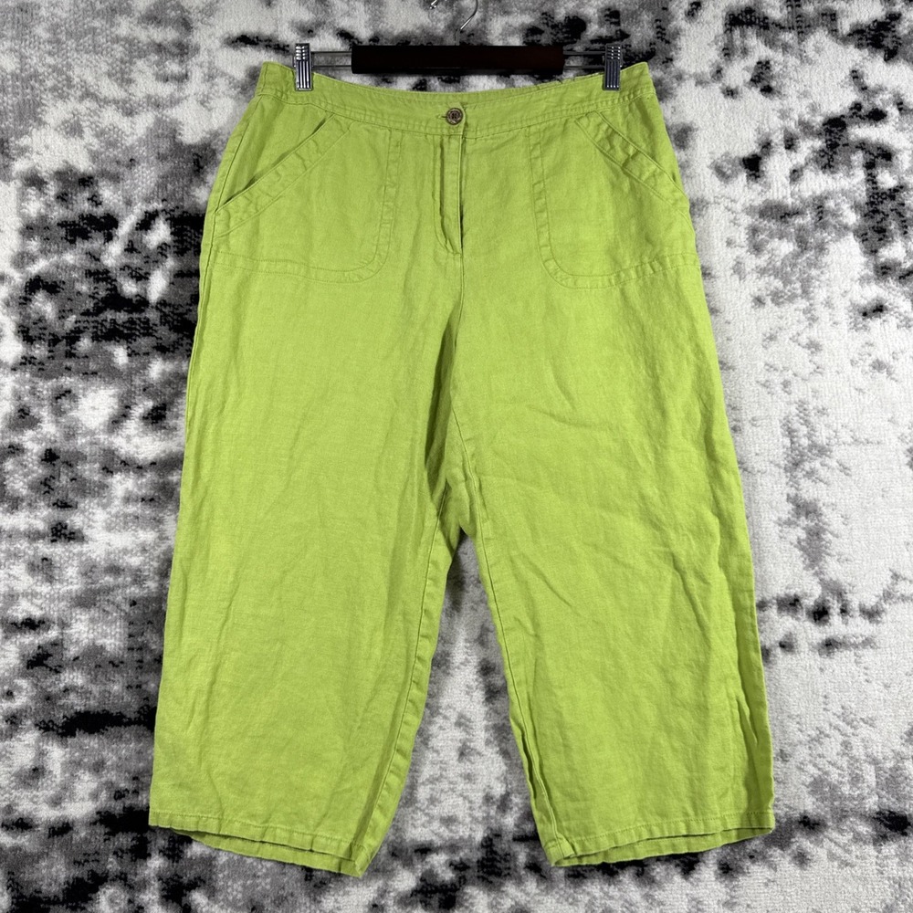 Chicos Pants Womens Size 2 Green Capri 100% Linen Slash Pocket Woven Hippie